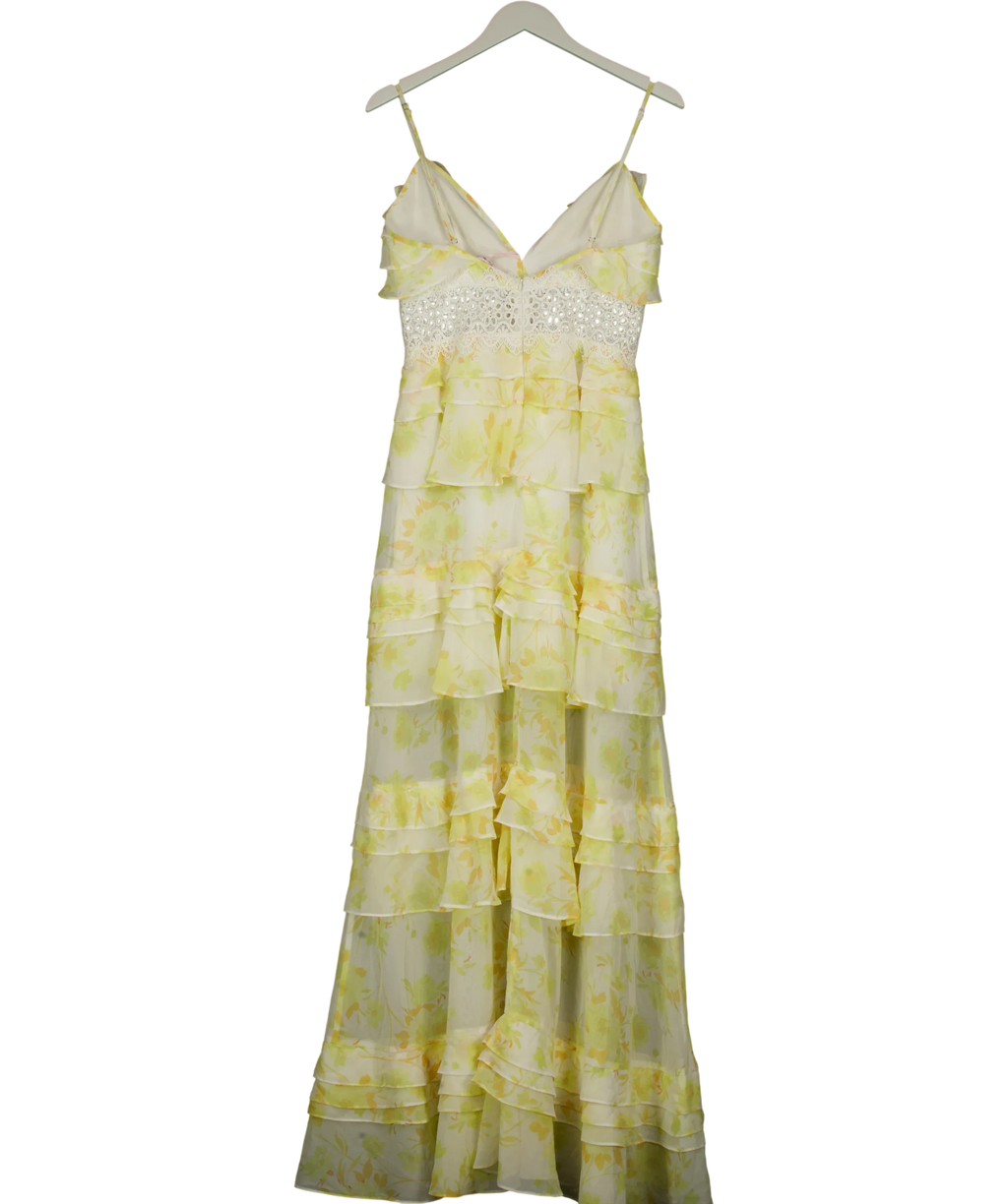 True Decadence Yellow Yellow Watercolour-Floral Sophia Plunge Front Tiered Ruffle Maxi-Dress, size UK 12 — back