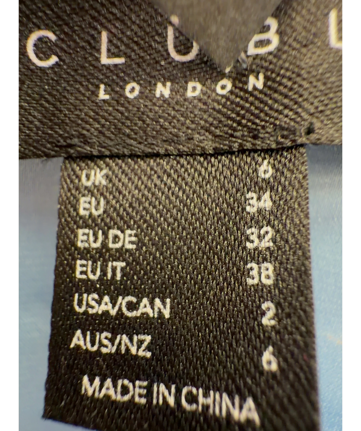 Club L Blue Colour, size UK 6 — care label