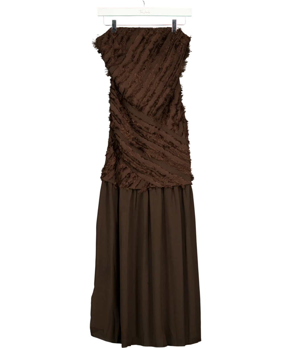 ASOS Brown brown strapless maxi dress with textured fringe detailing and a pleated/smooth skirt section, size UK 6 — front