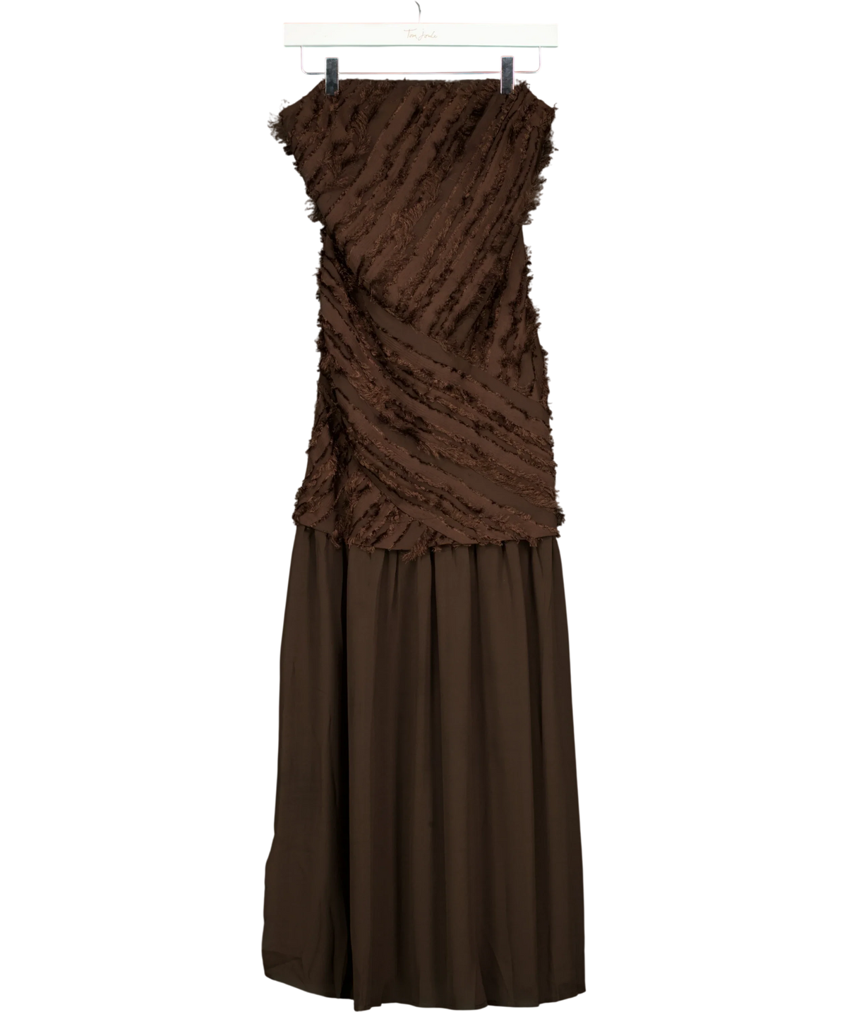 ASOS Brown brown strapless maxi dress with textured fringe detailing and a pleated/smooth skirt section, size UK 6 — front