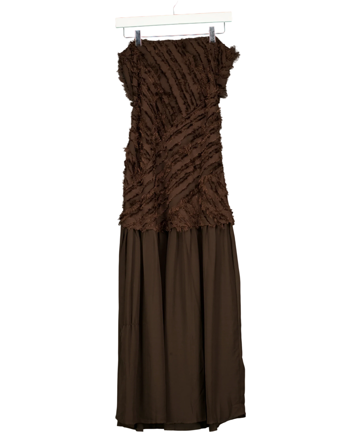 ASOS Brown brown strapless maxi dress with textured fringe detailing and a pleated/smooth skirt section, size UK 6 — back