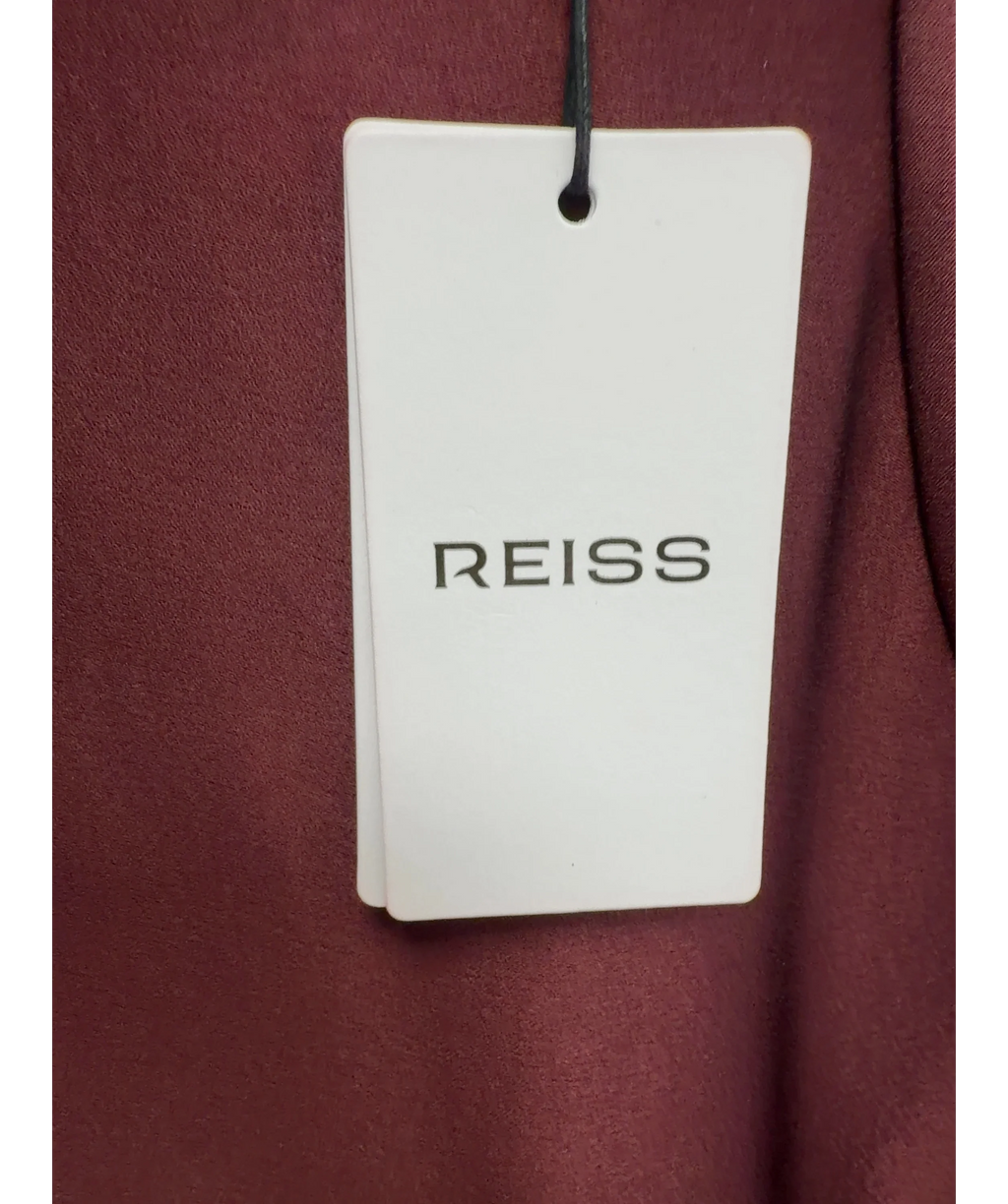 REISS burgundy Micah Satin Drape Tuck Midi Dress, size UK 8 — detail