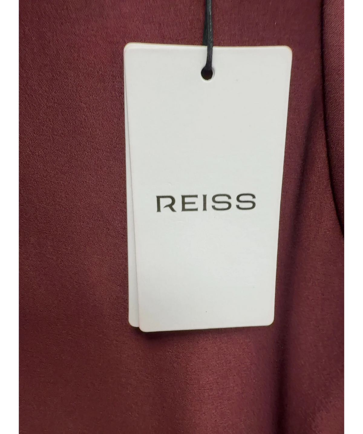 REISS burgundy Micah Satin Drape Tuck Midi Dress, size UK 8 — detail