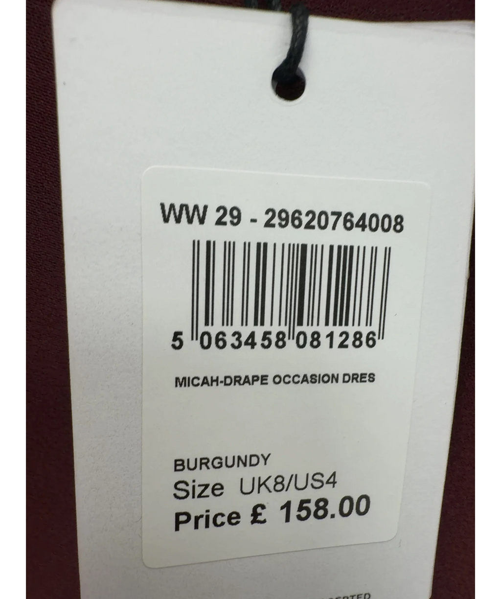 REISS burgundy Micah Satin Drape Tuck Midi Dress, size UK 8 — label