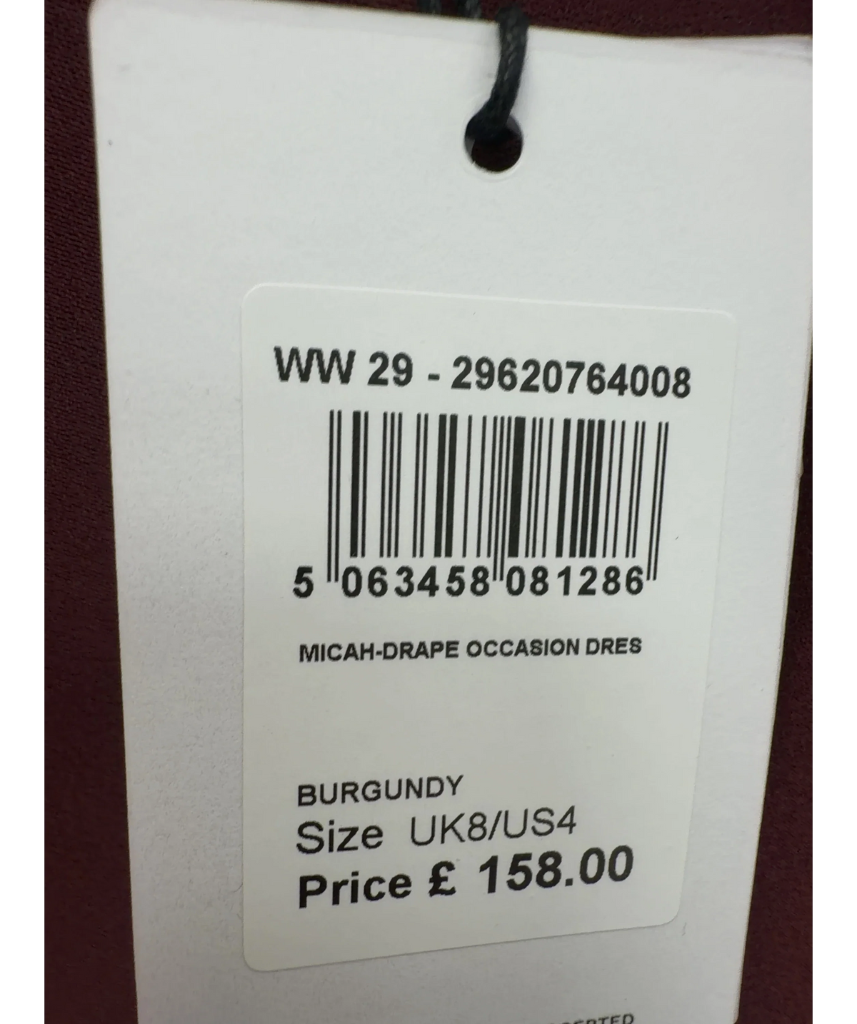 REISS burgundy Micah Satin Drape Tuck Midi Dress, size UK 8 — label