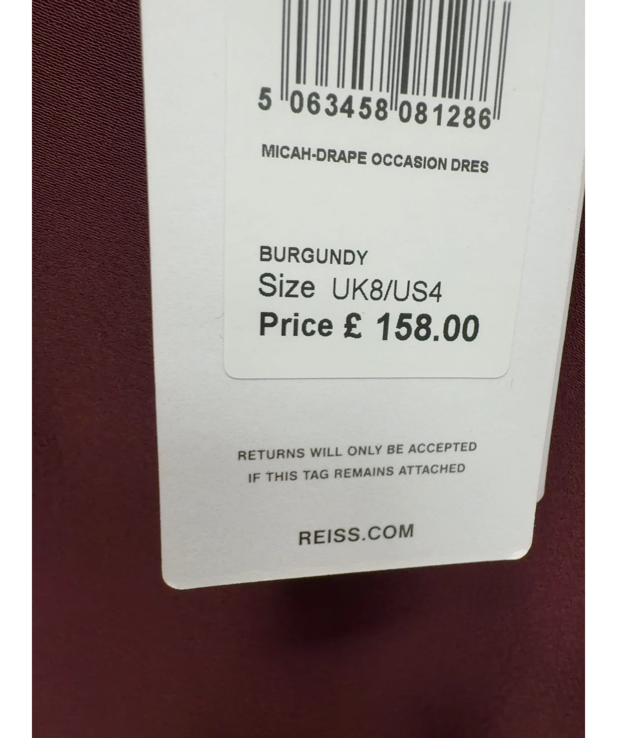 REISS burgundy Micah Satin Drape Tuck Midi Dress, size UK 8 — care label