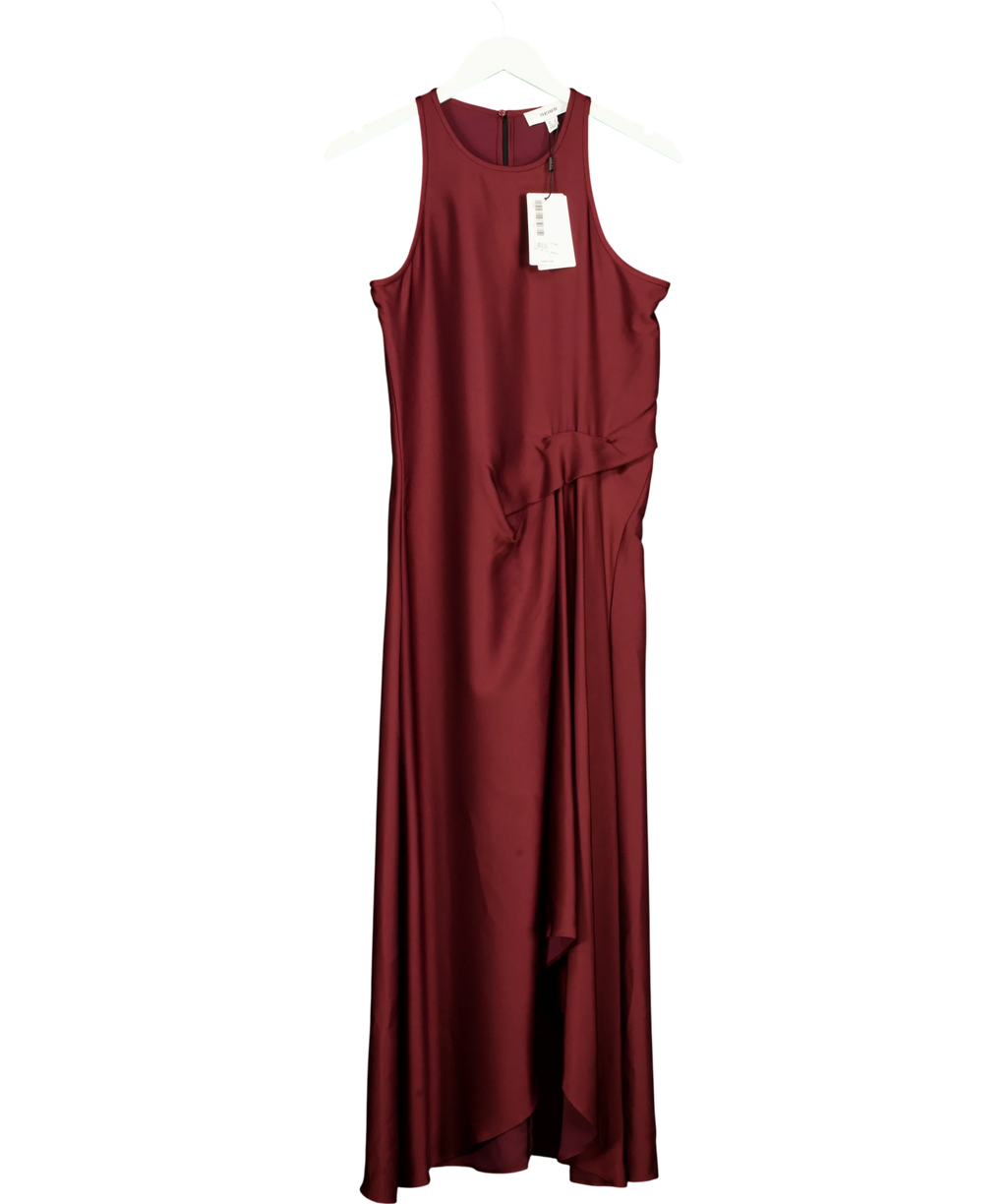REISS burgundy Micah Satin Drape Tuck Midi Dress, size UK 8 — front