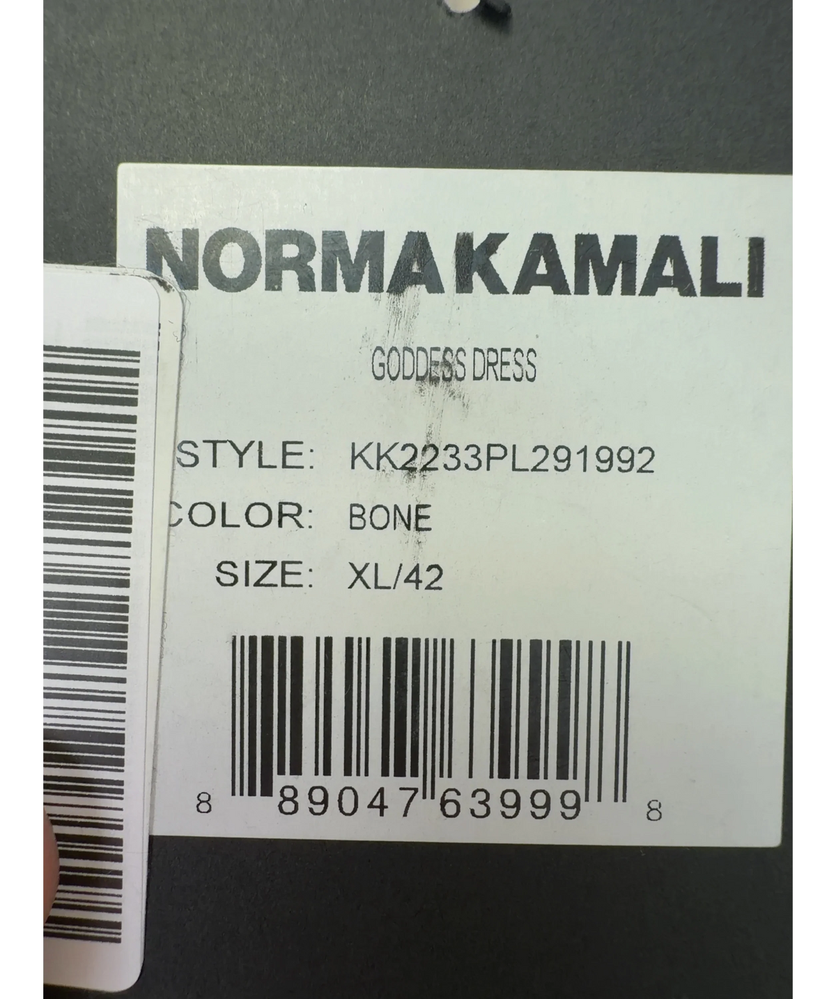 Norma Kamali bone Goddess Dress, size UK XL — label