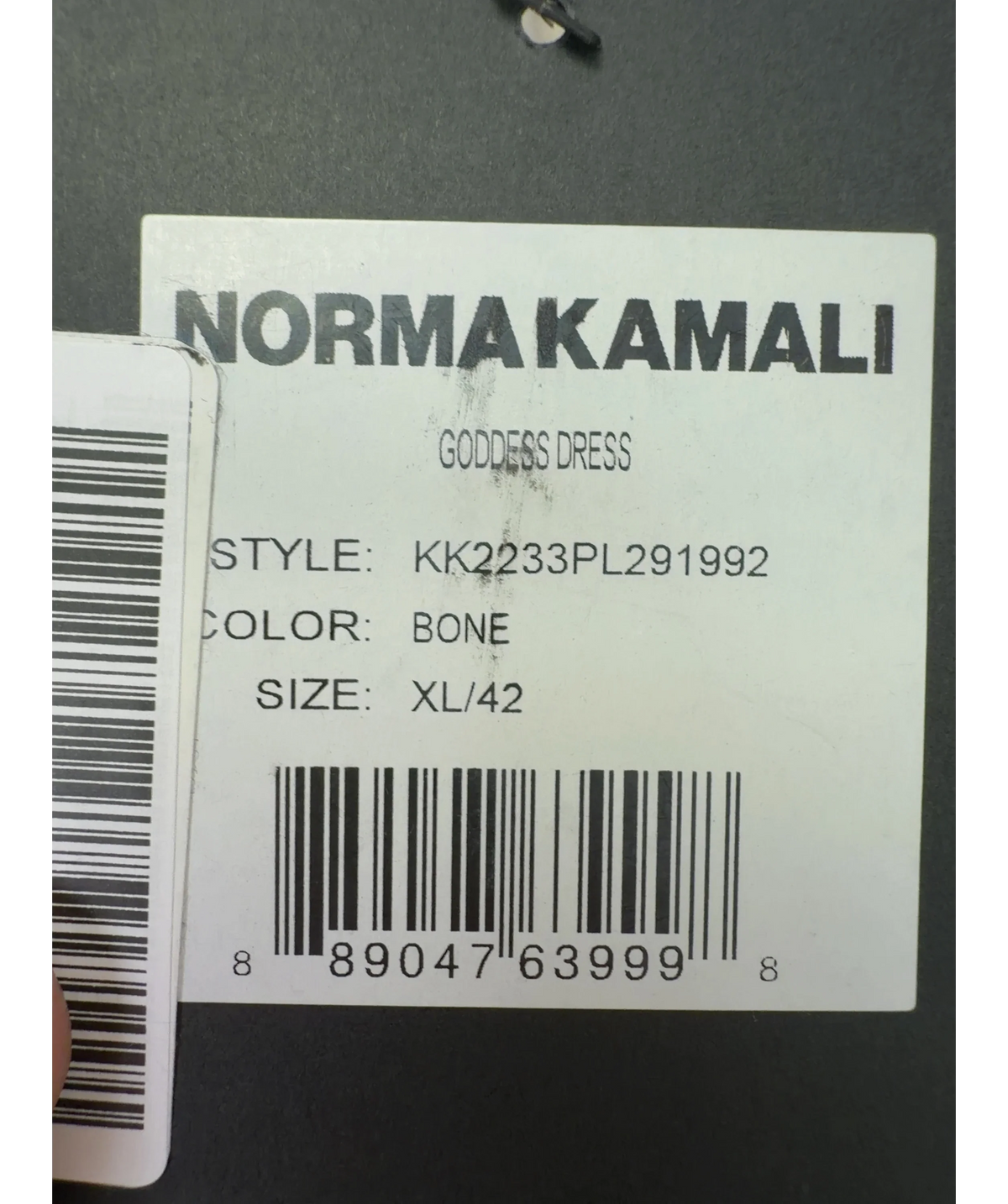 Norma Kamali bone Goddess Dress, size UK XL — care label