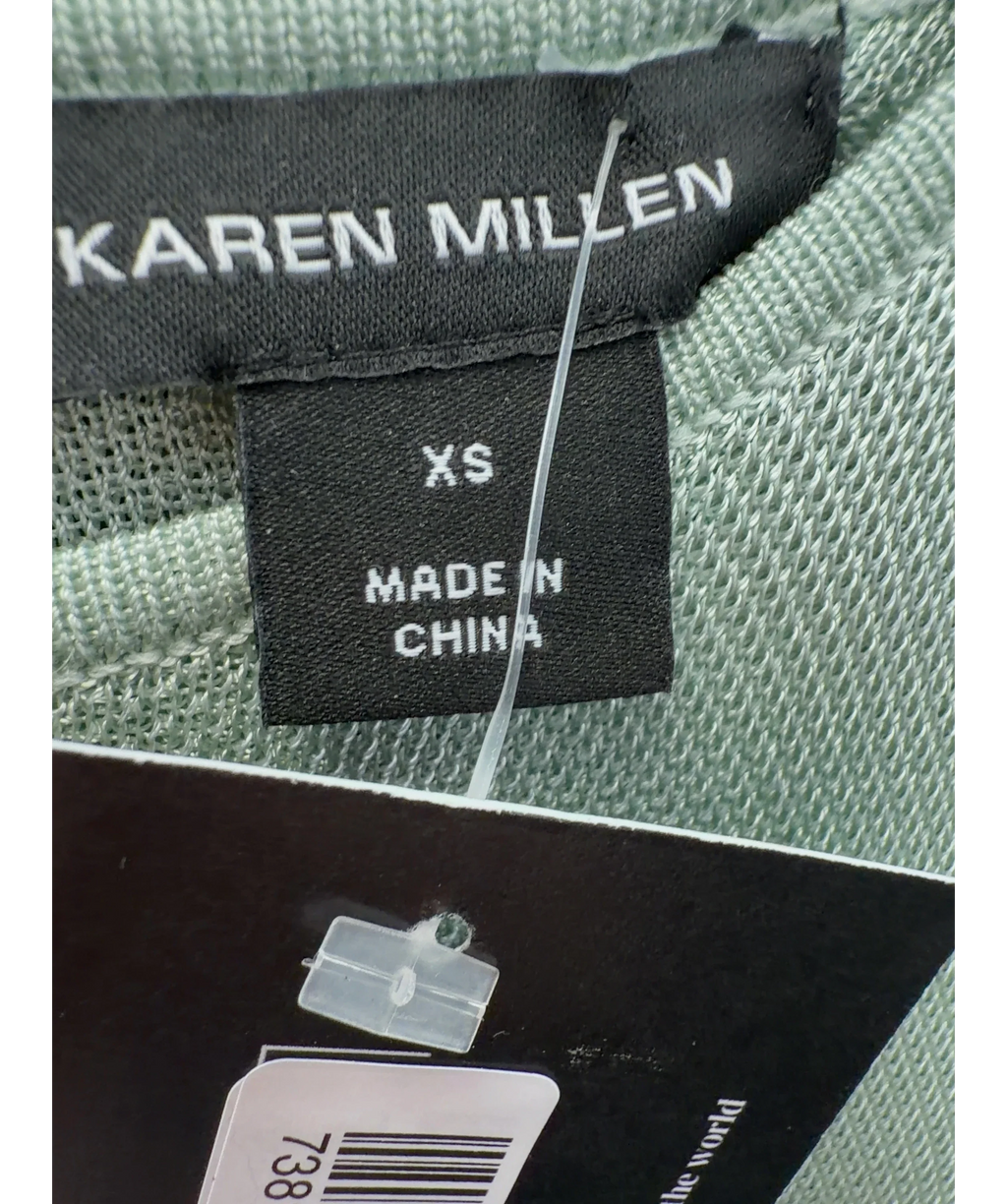 KAREN MILLEN Green Viscose Blend Slinky Sheer Lace Detail Asymmetric Knit Maxi Dress, size UK XS — detail