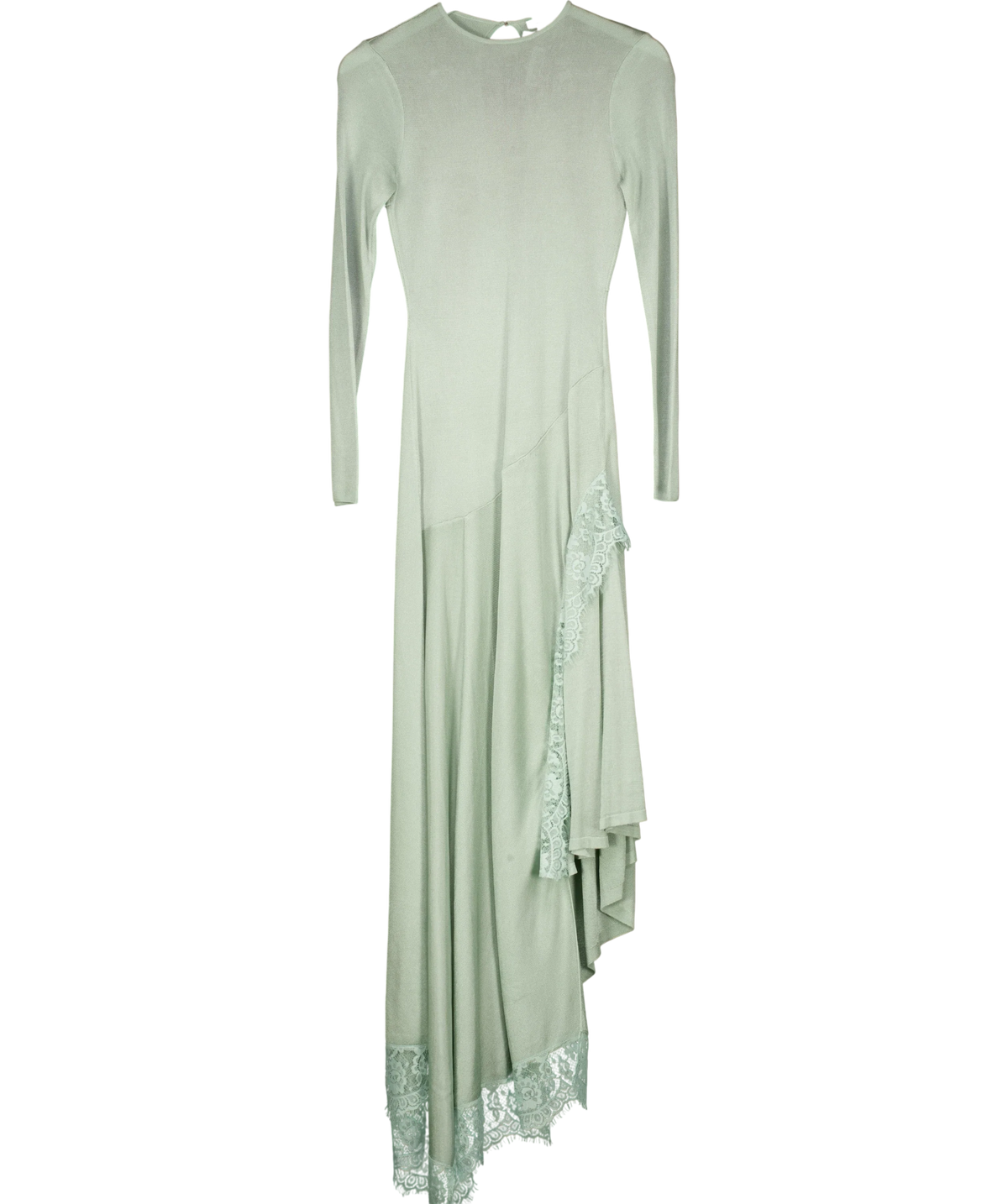 KAREN MILLEN Green Viscose Blend Slinky Sheer Lace Detail Asymmetric Knit Maxi Dress, size UK XS — front