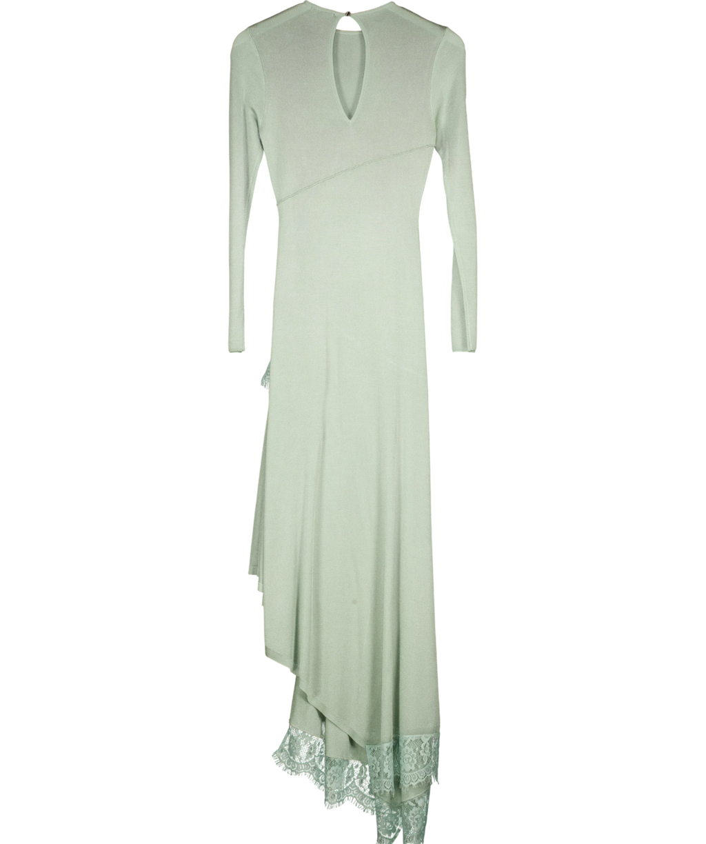 KAREN MILLEN Green Viscose Blend Slinky Sheer Lace Detail Asymmetric Knit Maxi Dress, size UK XS — back