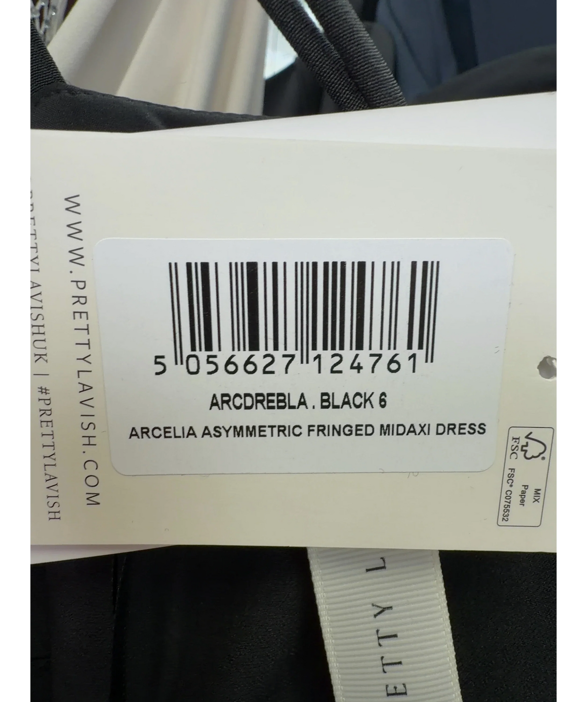 PRETTY LAVISH Black Arcelia Asymmetric Fringed Midaxi Dress, size UK 6 — label