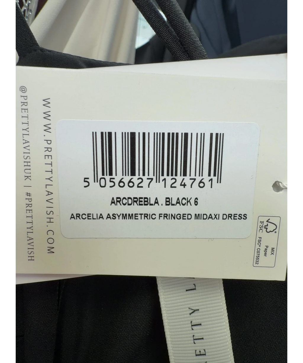 PRETTY LAVISH Black Arcelia Asymmetric Fringed Midaxi Dress, size UK 6 — care label