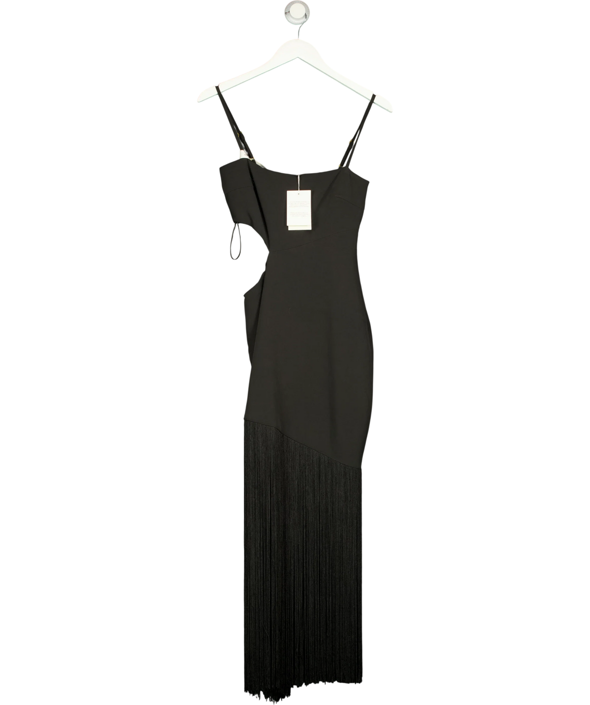 PRETTY LAVISH Black Arcelia Asymmetric Fringed Midaxi Dress, size UK 6 — front