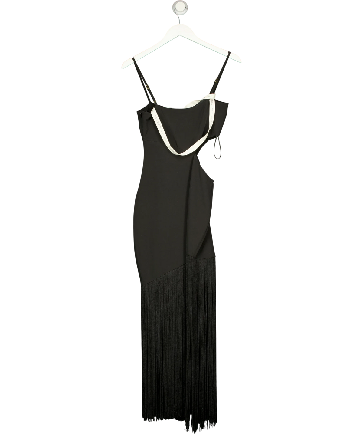 PRETTY LAVISH Black Arcelia Asymmetric Fringed Midaxi Dress, size UK 6 — back