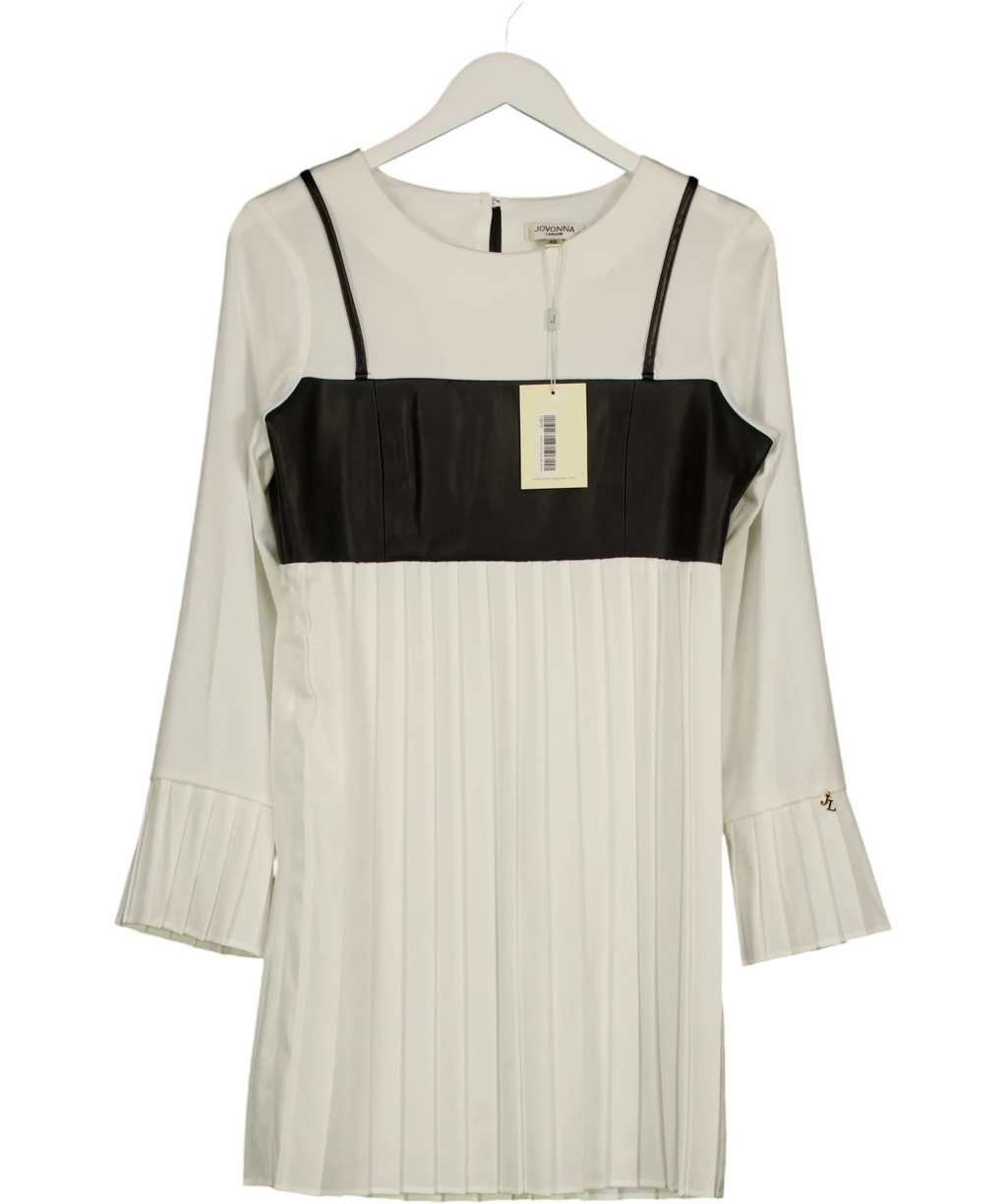 Jovonna London White colorblock pleated shift dress, size UK XS — front
