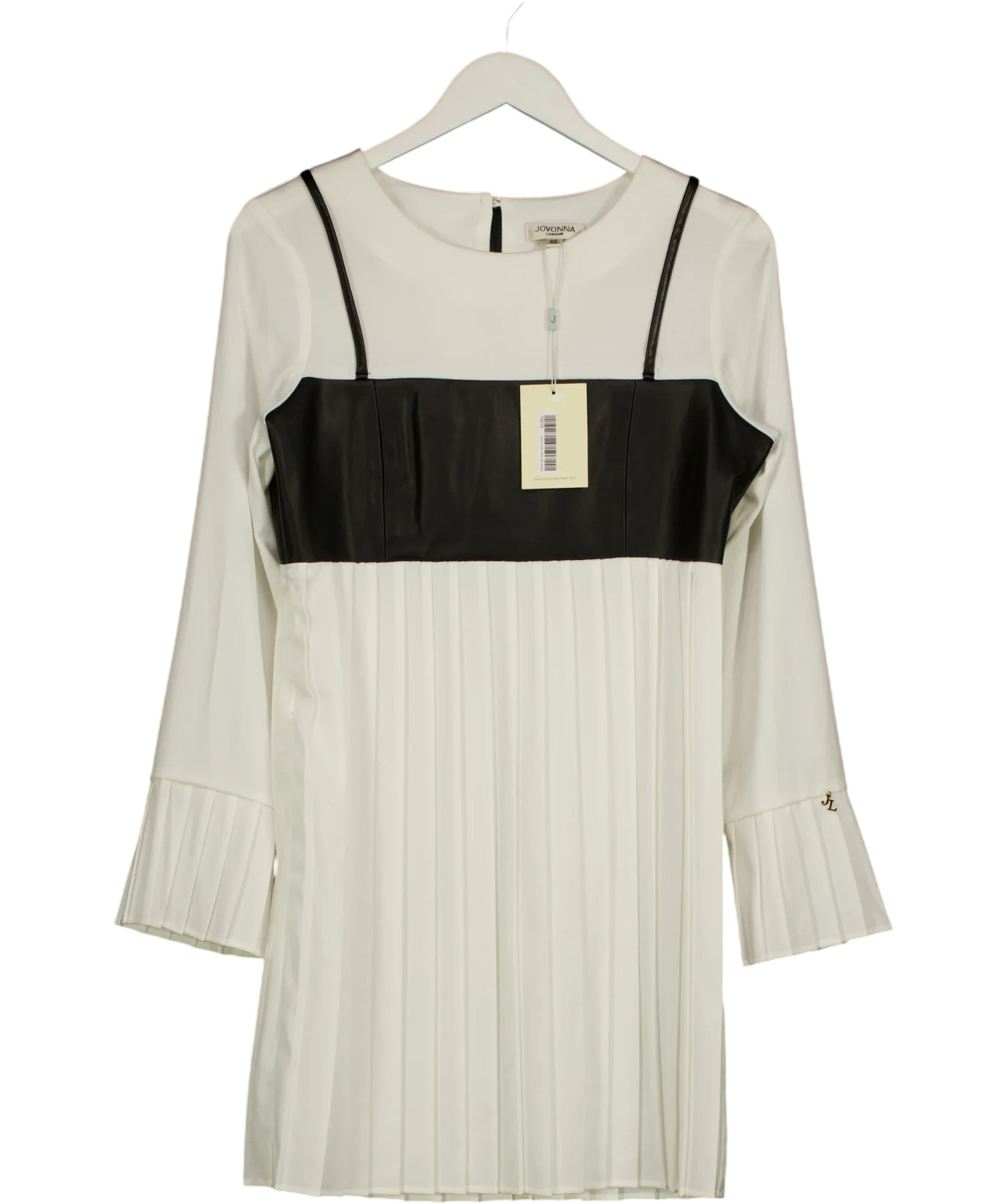 Jovonna London White colorblock pleated shift dress, size UK XS — front