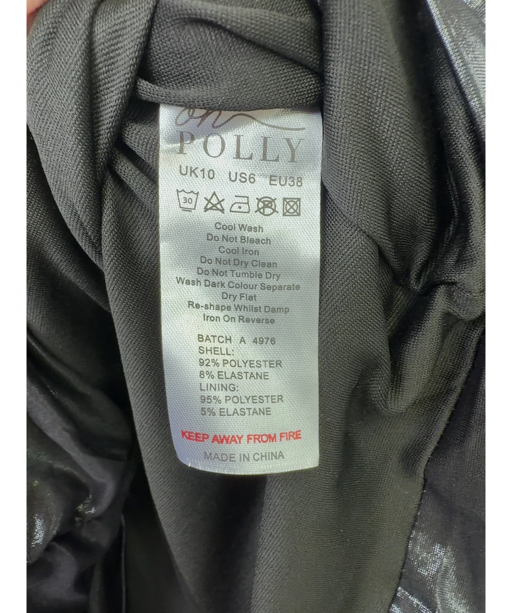 OH POLLY Black metallic ruched long-sleeve mini dress, size UK 10 — label
