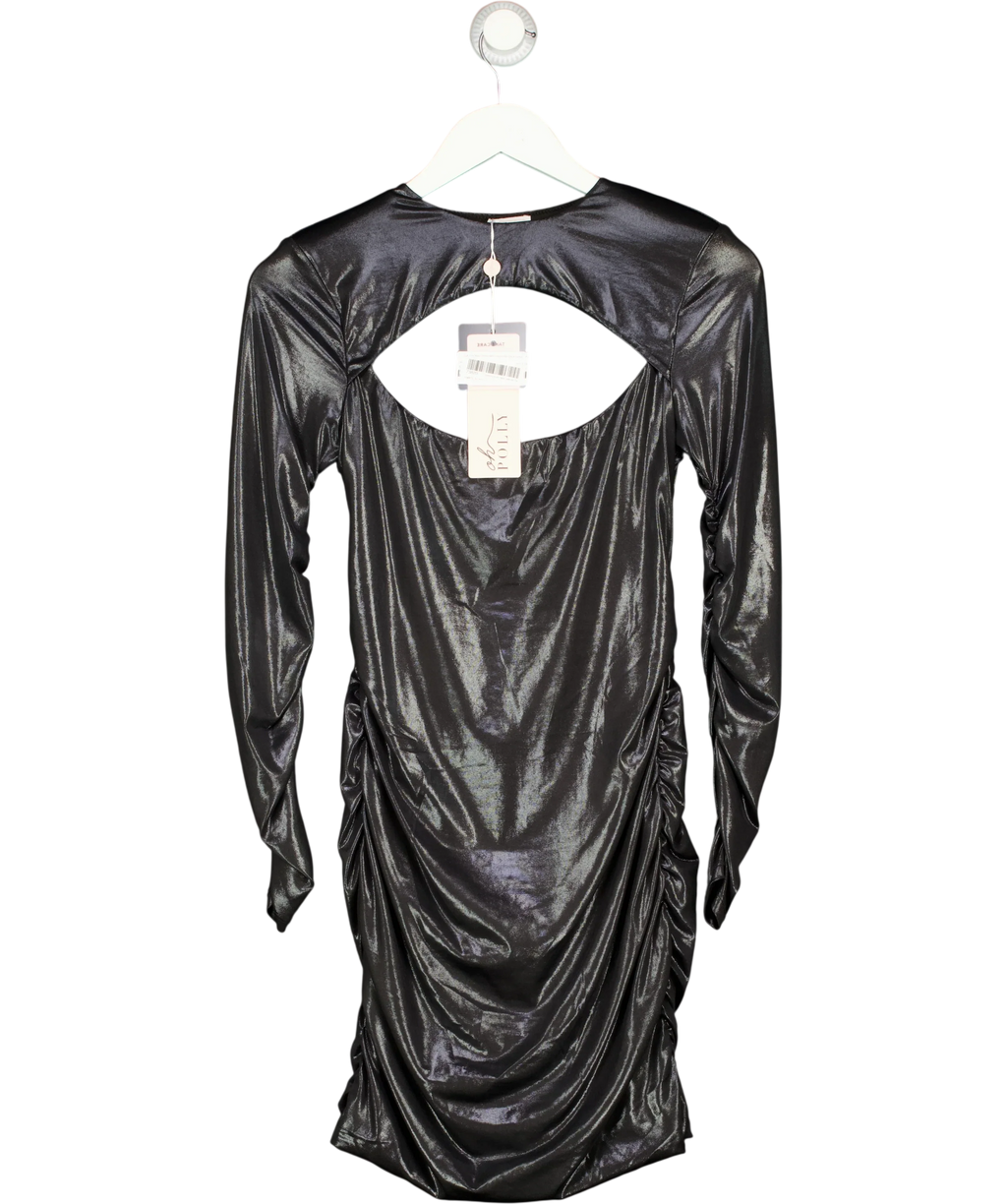 OH POLLY Black metallic ruched long-sleeve mini dress, size UK 10 — front