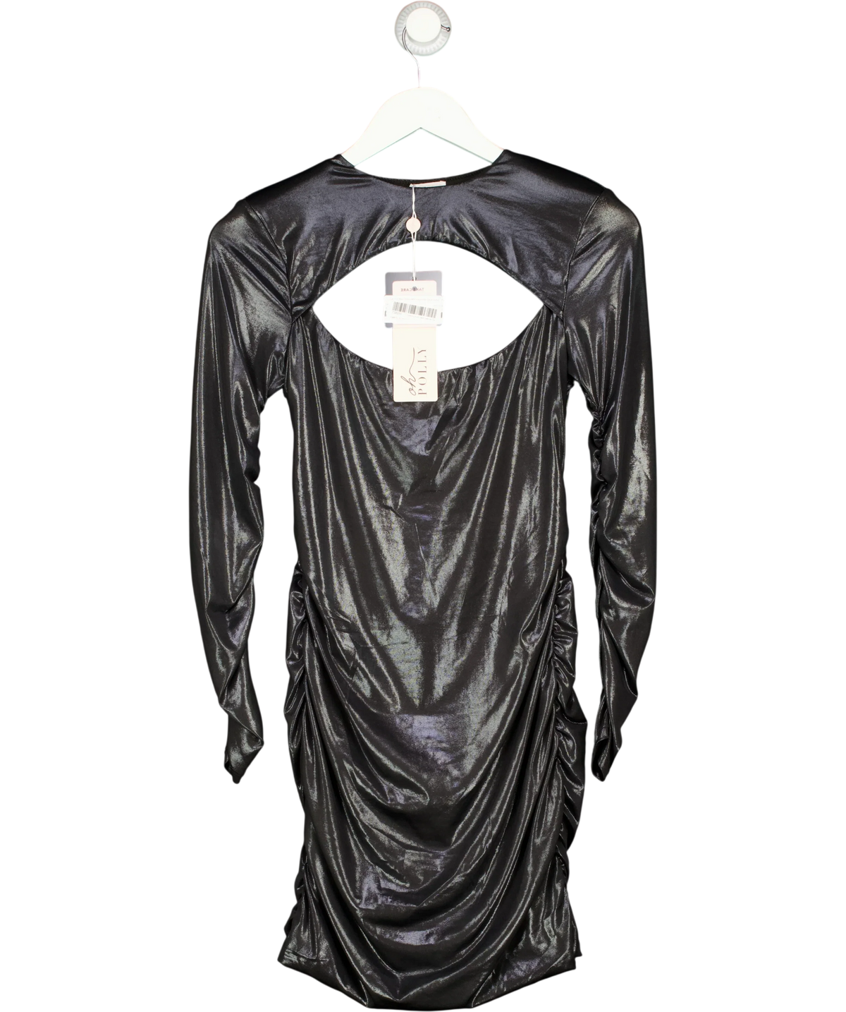 OH POLLY Black metallic ruched long-sleeve mini dress, size UK 10 — front