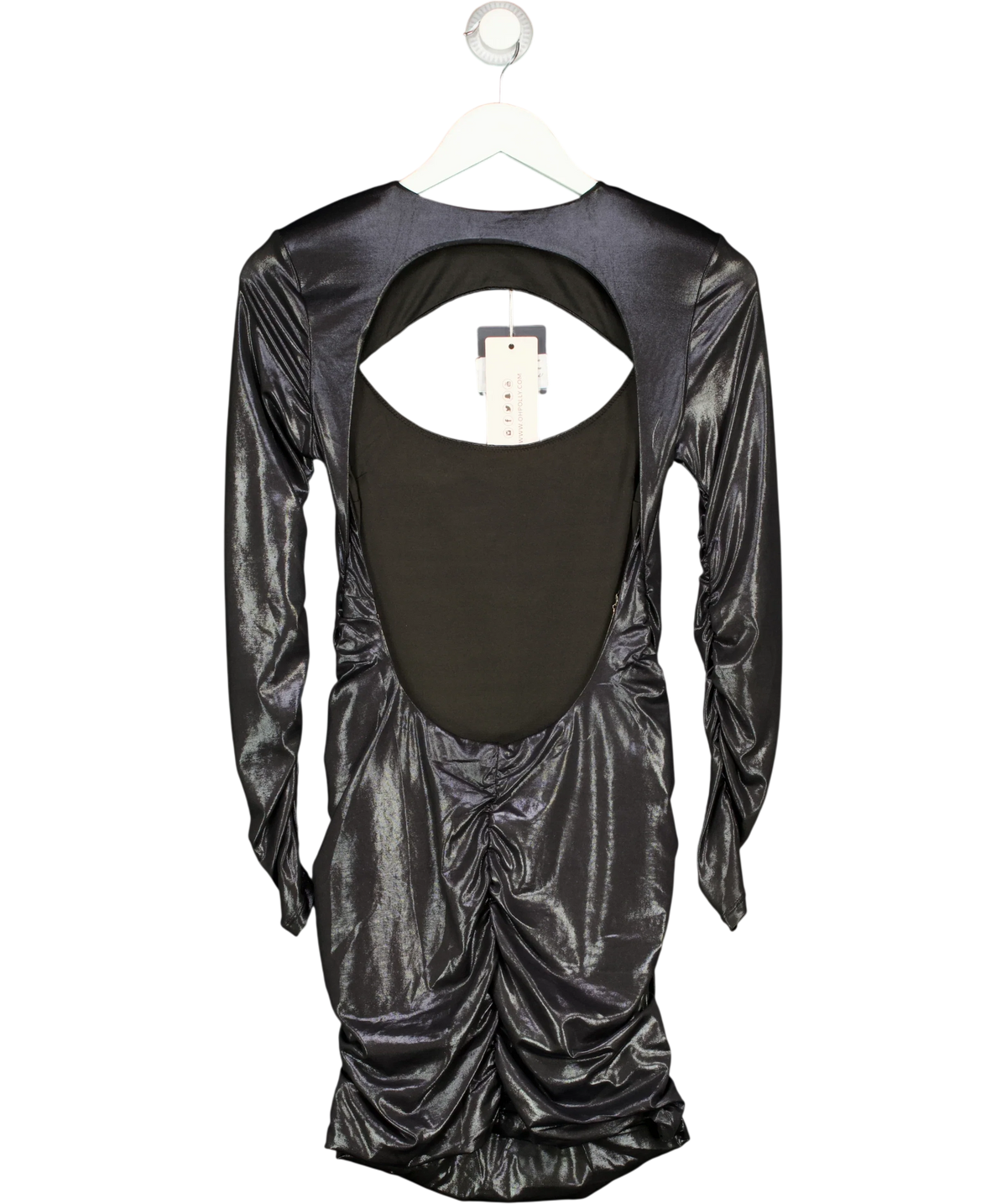 OH POLLY Black metallic ruched long-sleeve mini dress, size UK 10 — back