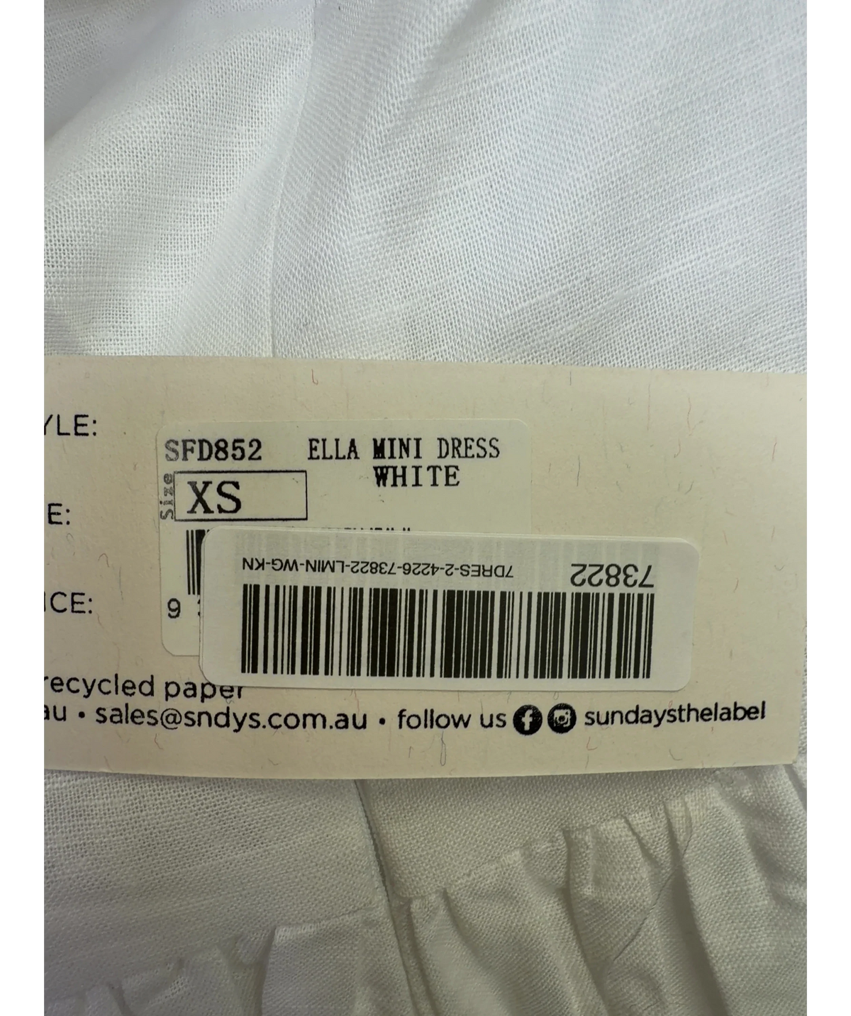 Sndys White ELLA MINI DRESS, size UK XS — label