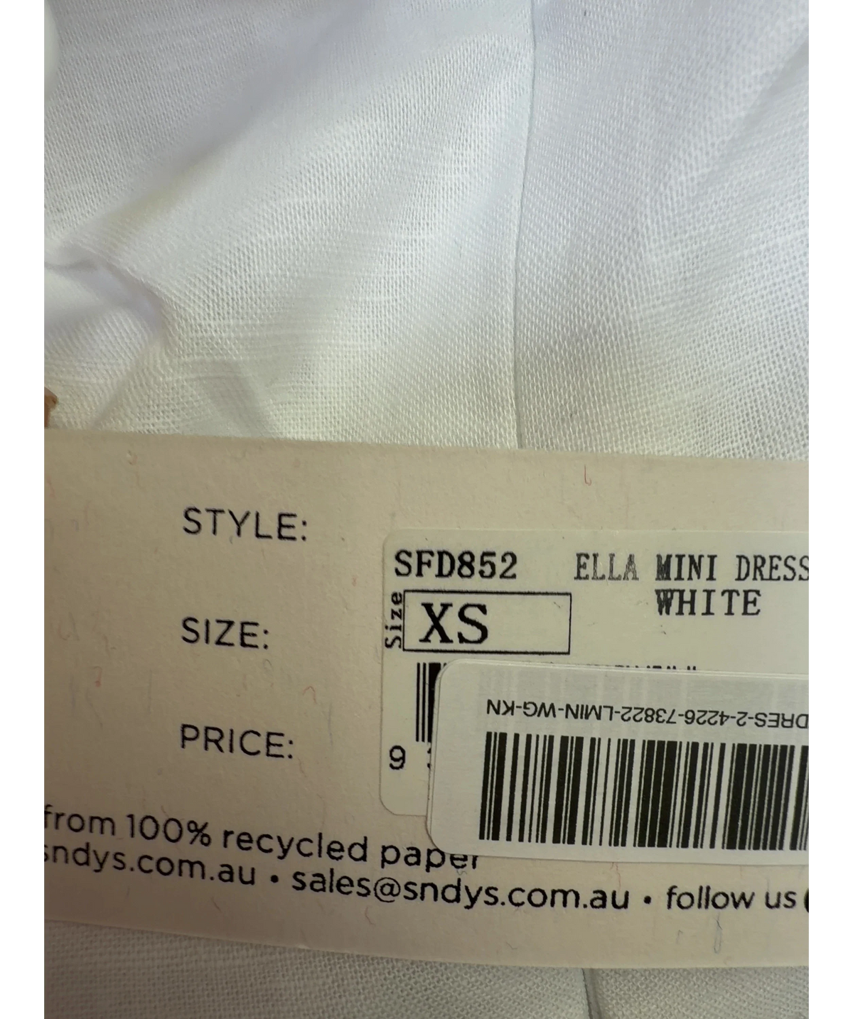 Sndys White ELLA MINI DRESS, size UK XS — care label
