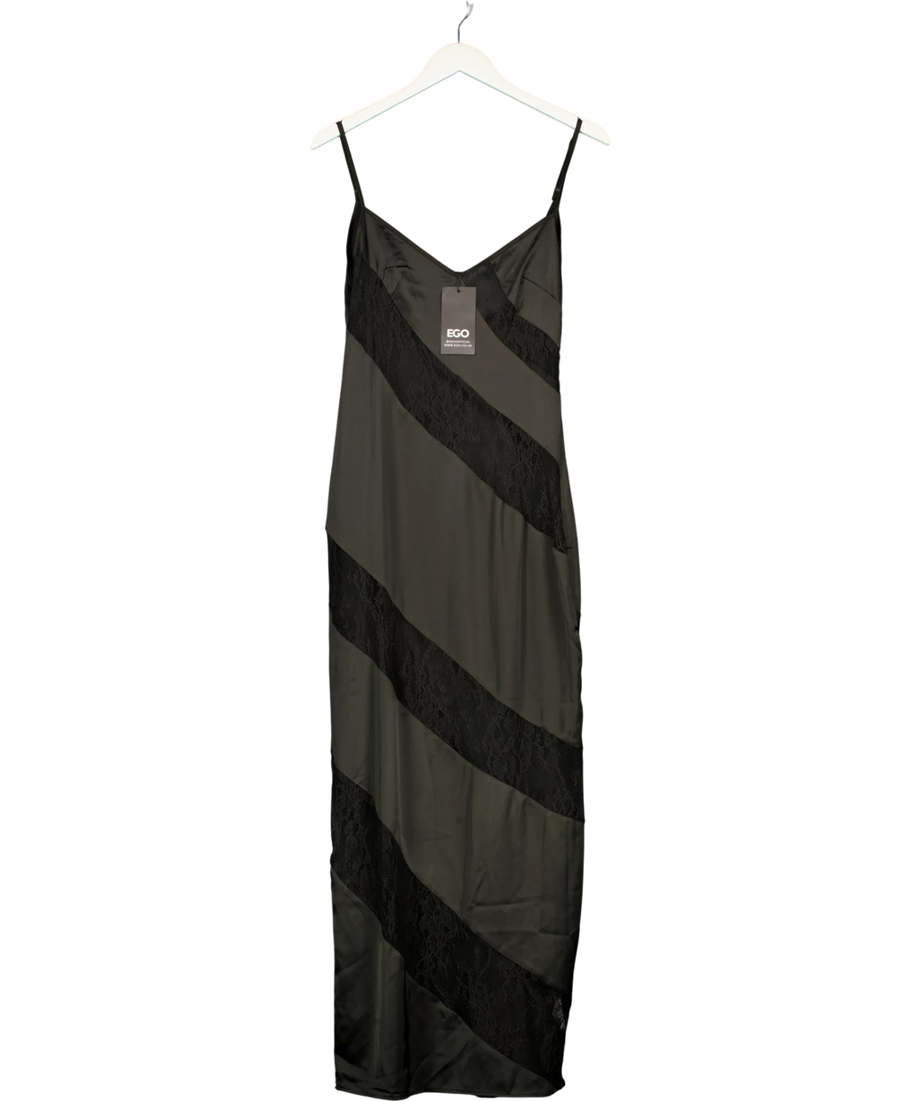 Ego Black PLUNGE SATIN LACE PANEL MAXI DRESS, size UK 8 — front