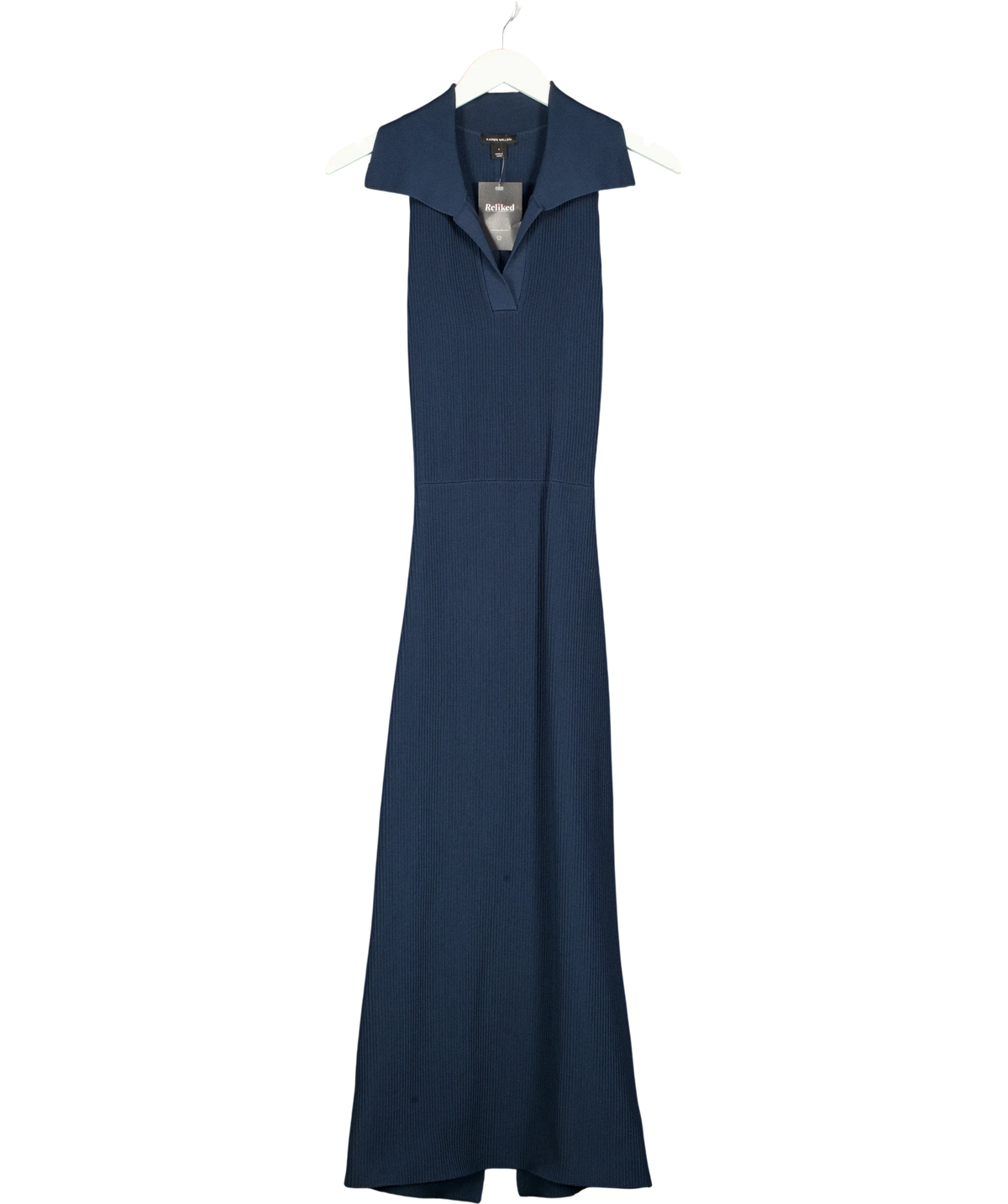 KAREN MILLEN Blue Blue Ottoman Stitch Sleeveless Collar Detail Knitted Midi Dress, size UK S — front