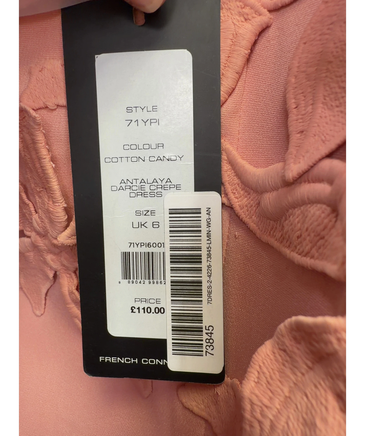 French Connection Pink ANTALAYA DARCIE CREPE DRESS, size UK 6 — label