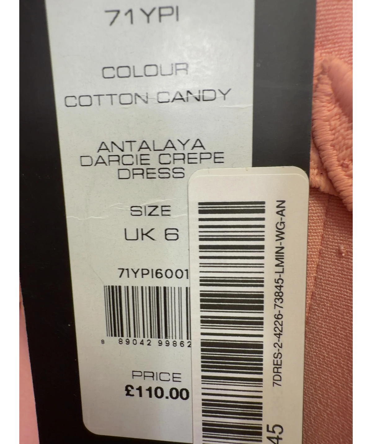 French Connection Pink ANTALAYA DARCIE CREPE DRESS, size UK 6 — care label