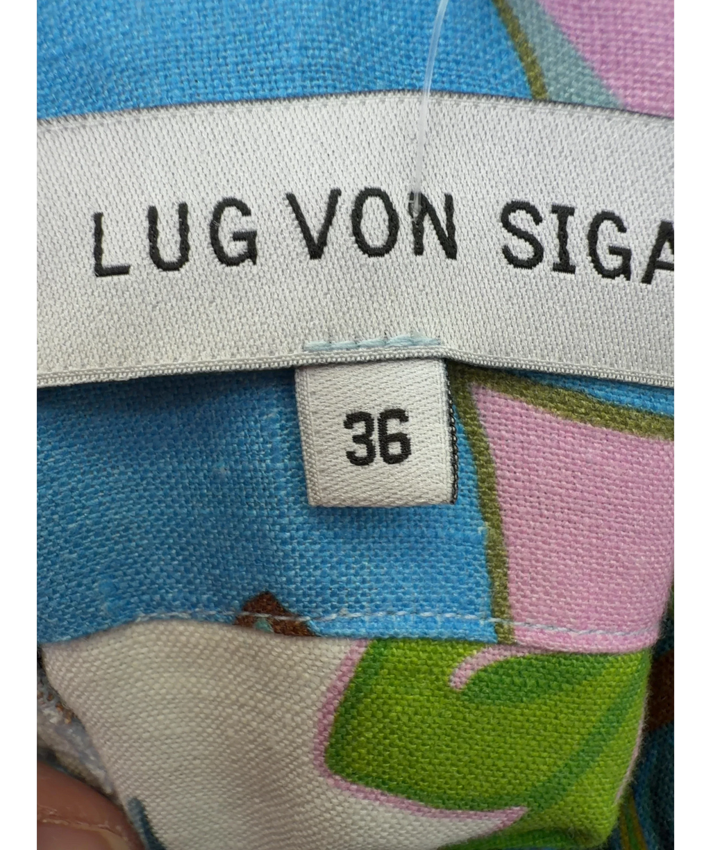 LUG VON SIGA blue Sybill Printed Linen Midi Dress, size UK 10 — care label