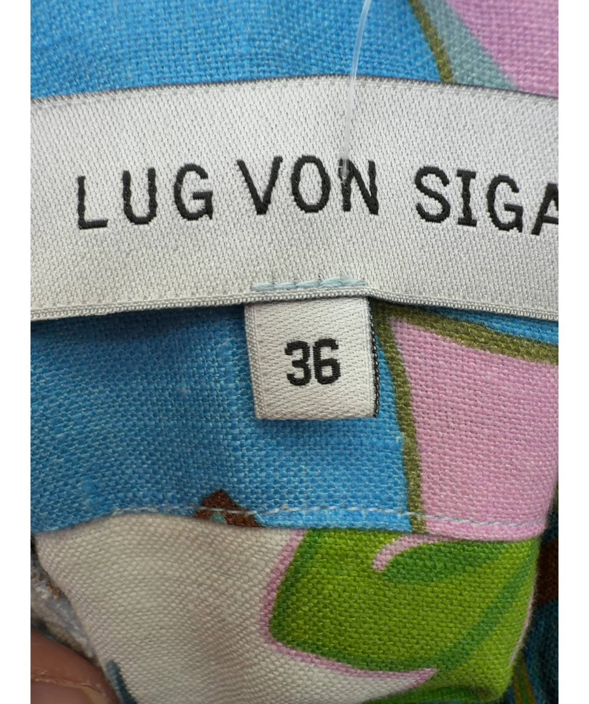 LUG VON SIGA blue Sybill Printed Linen Midi Dress, size UK 10 — care label