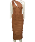 House of CB Brown Valentina Asymmetric Cutout Midi Dress, size UK S — front