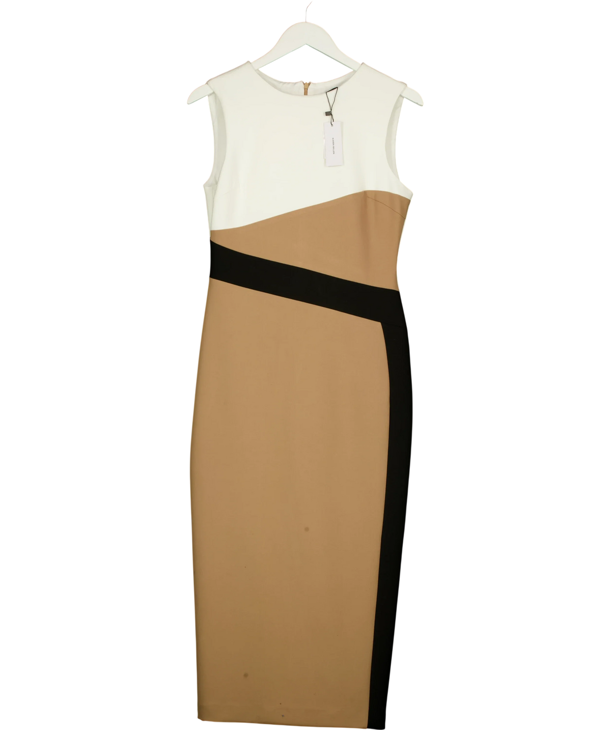 KAREN MILLEN Beige Compact Stretch Colourblock Tailored Pencil Dress, size UK 6 — front