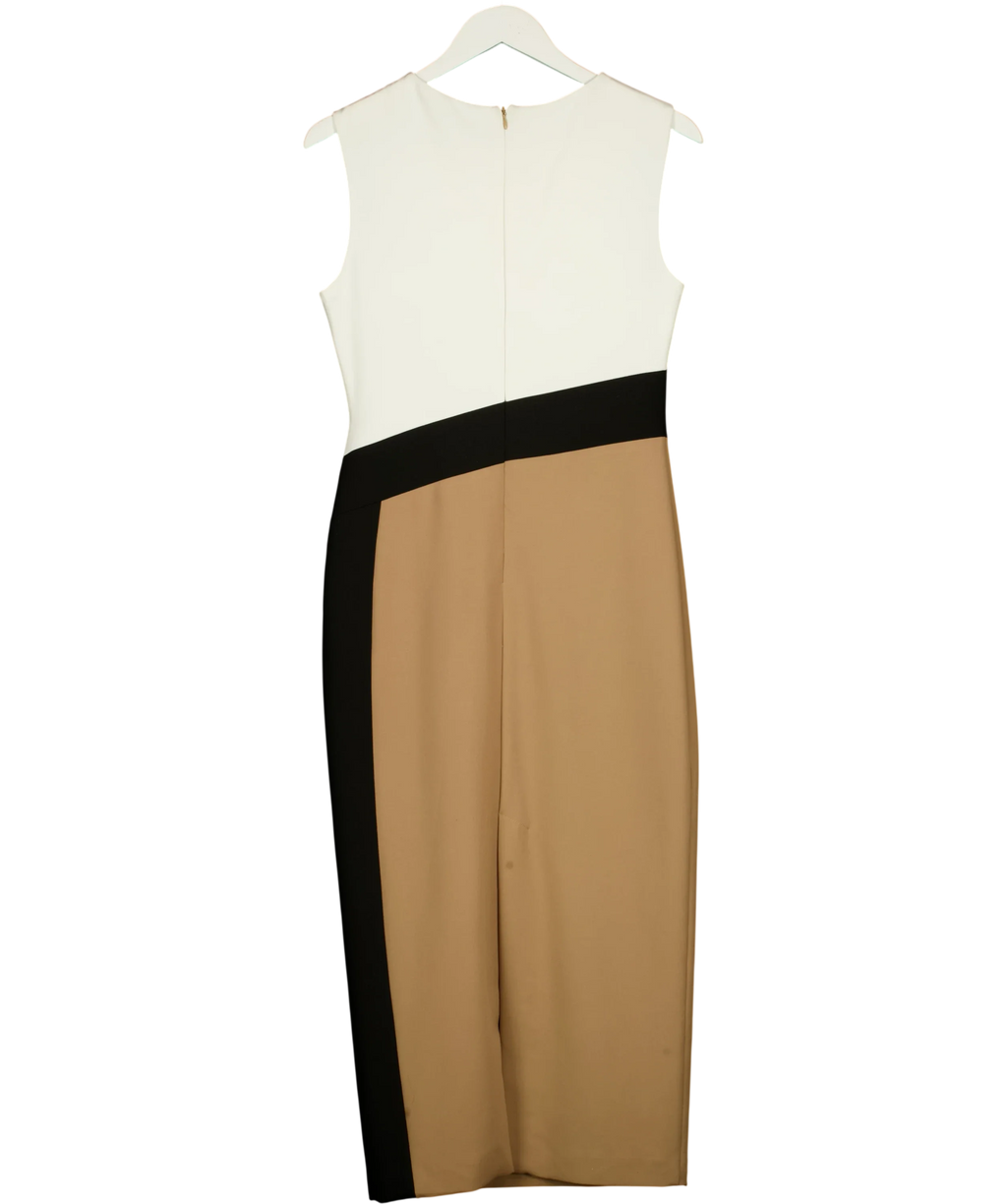 KAREN MILLEN Beige Compact Stretch Colourblock Tailored Pencil Dress, size UK 6 — back