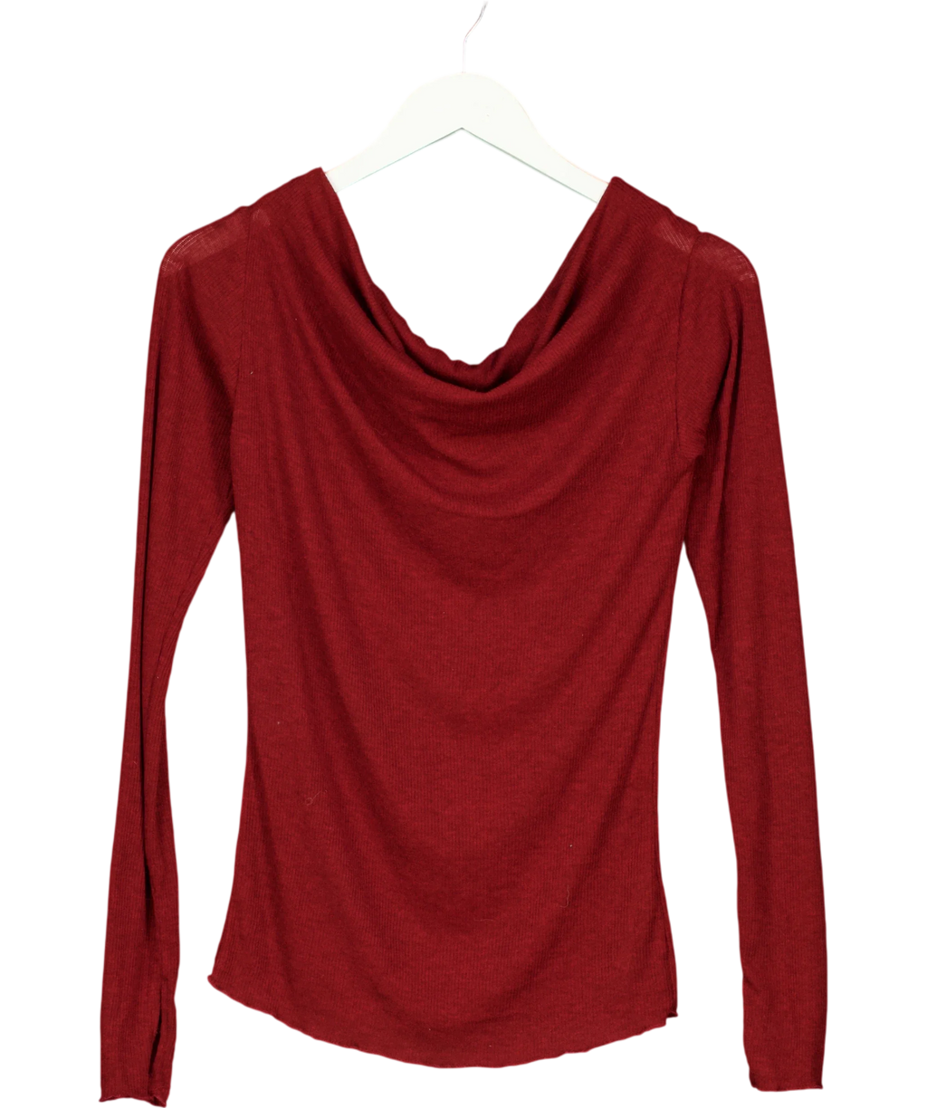 Free People maroon ribbed knit cowl-neck top, size UK S — front