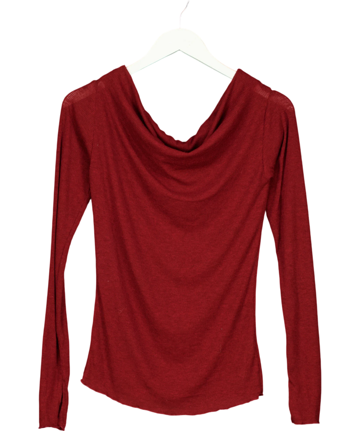 Free People maroon ribbed knit cowl-neck top, size UK S — front