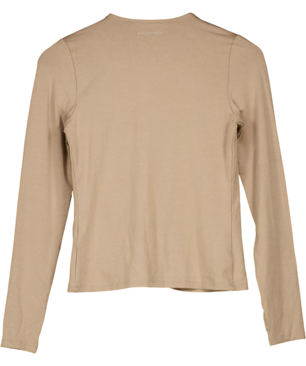 SISTERLY TRIBE taupe Soft Ballet Wrap Top, size UK S — back