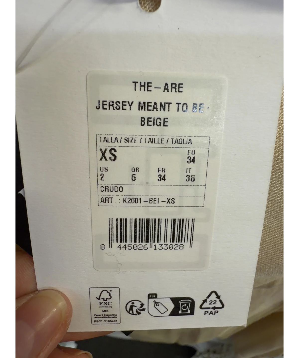 The-Are Beige Jersey Meant To Be Beige, size UK XS — label