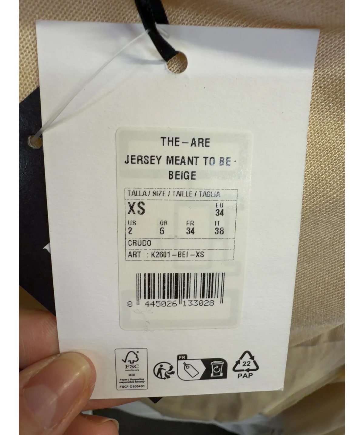 The-Are Beige Jersey Meant To Be Beige, size UK XS — care label
