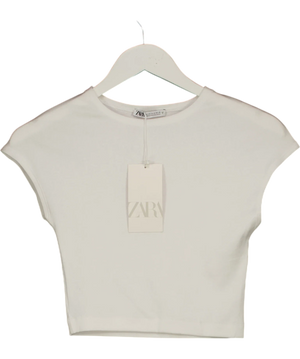 Zara White Capped Sleeves Ribbed T-Shirt UK M