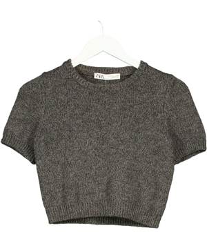 Zara Grey And White Short Sleeve Cropped Jumper UK XS