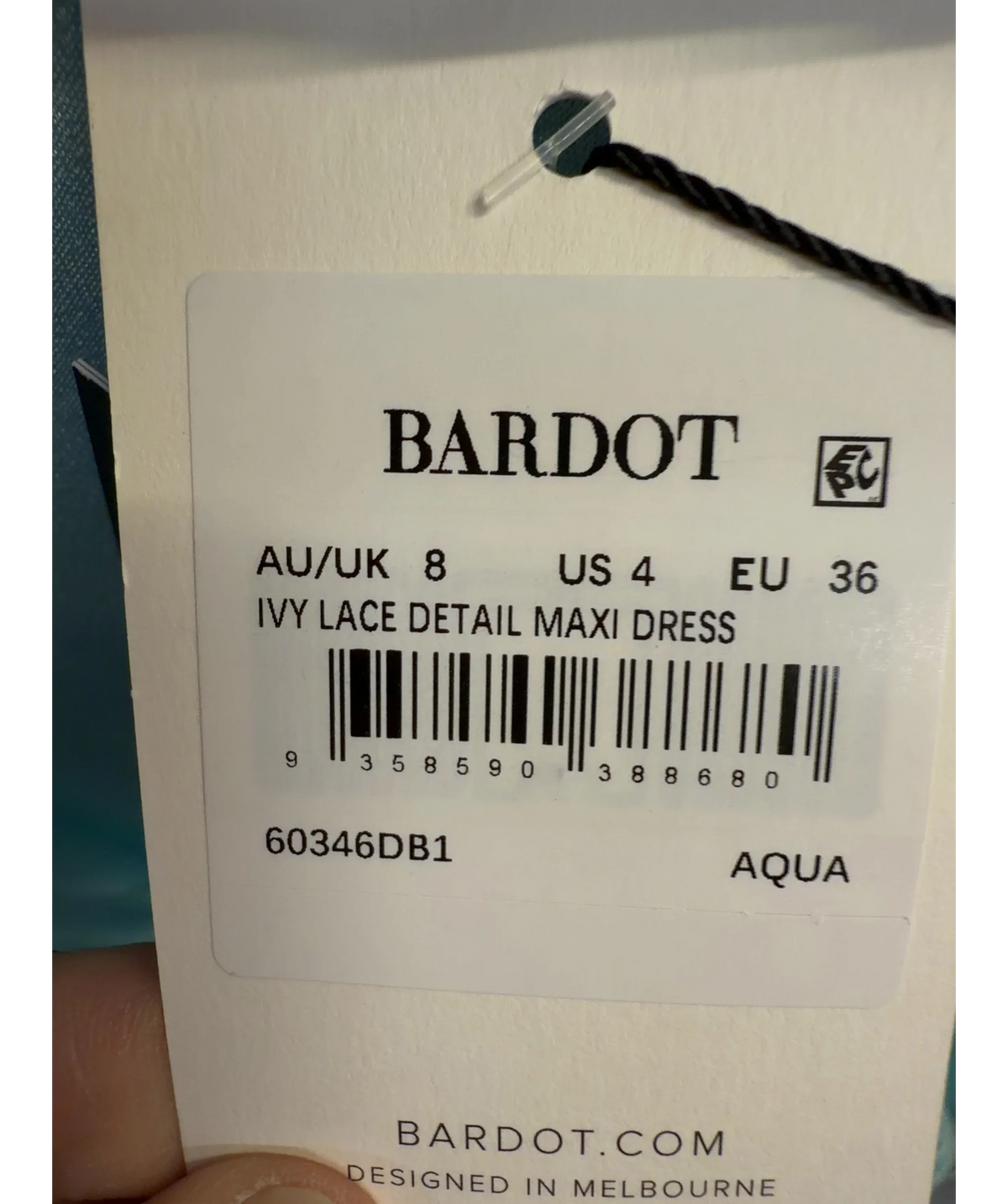 Bardot light blue Ivy Lace Detail Maxi Dress, size UK 8 — label