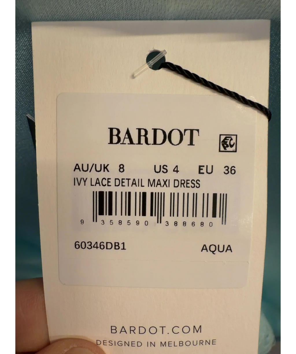 Bardot light blue Ivy Lace Detail Maxi Dress, size UK 8 — care label