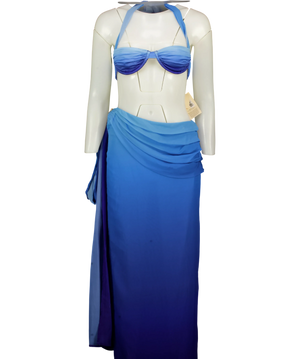 Mauve London Blue Ruched Halter Top And Sarong Skirt Set UK M / UK S