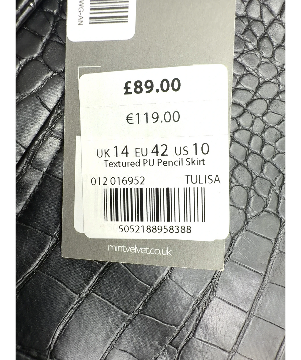 Mint Velvet Black Textured PU Pencil Skirt, size UK 14 — care label