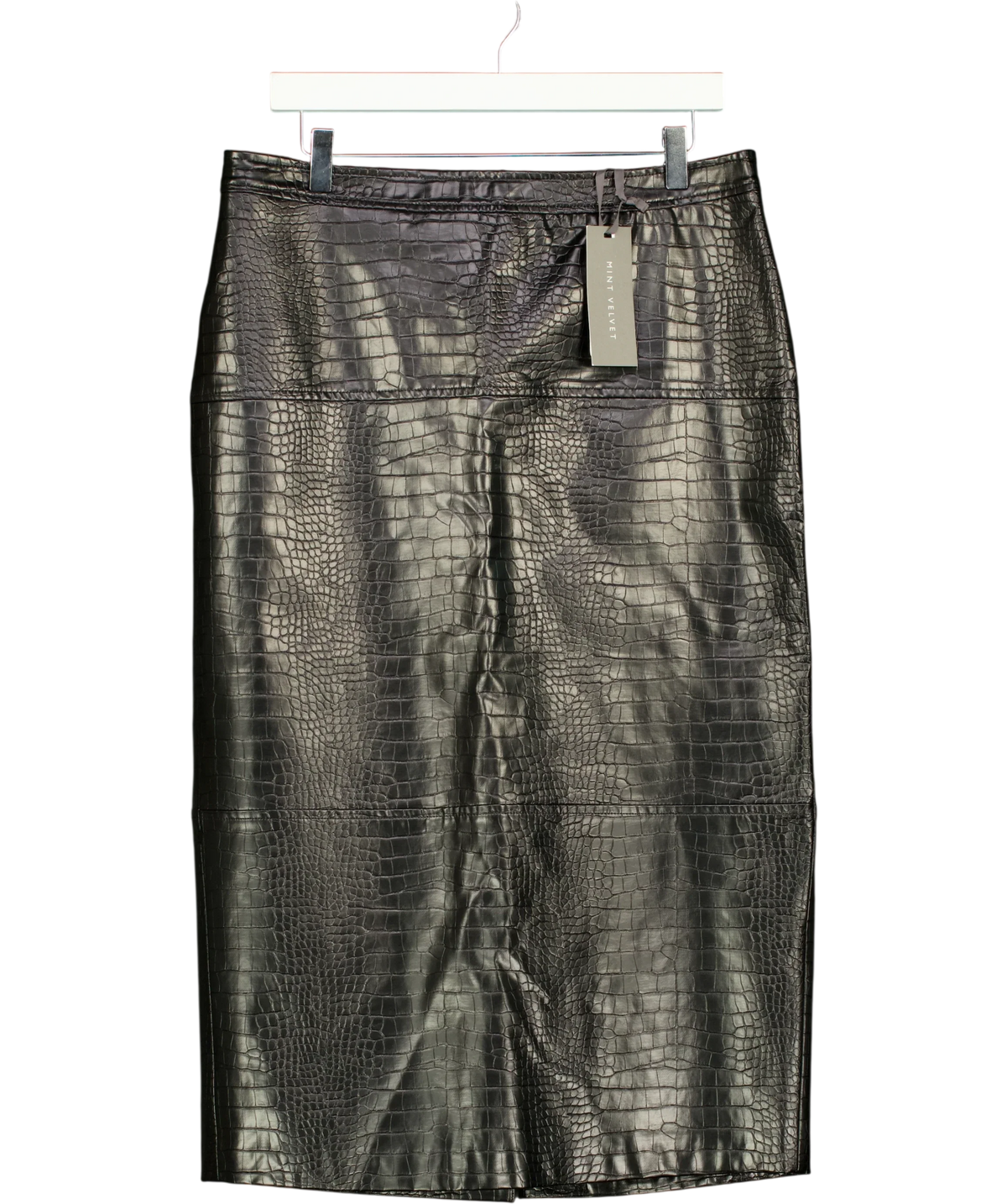Mint Velvet Black Textured PU Pencil Skirt, size UK 14 — front