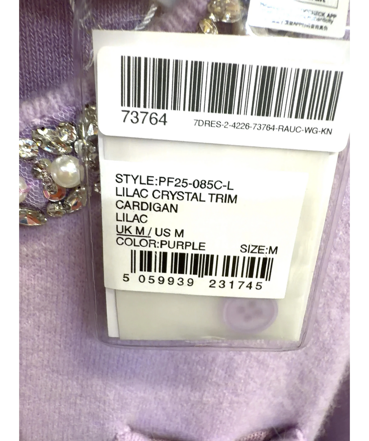 Self-Portrait lilac LILAC CRYSTAL TRIM CARDIGAN, size UK M — care label